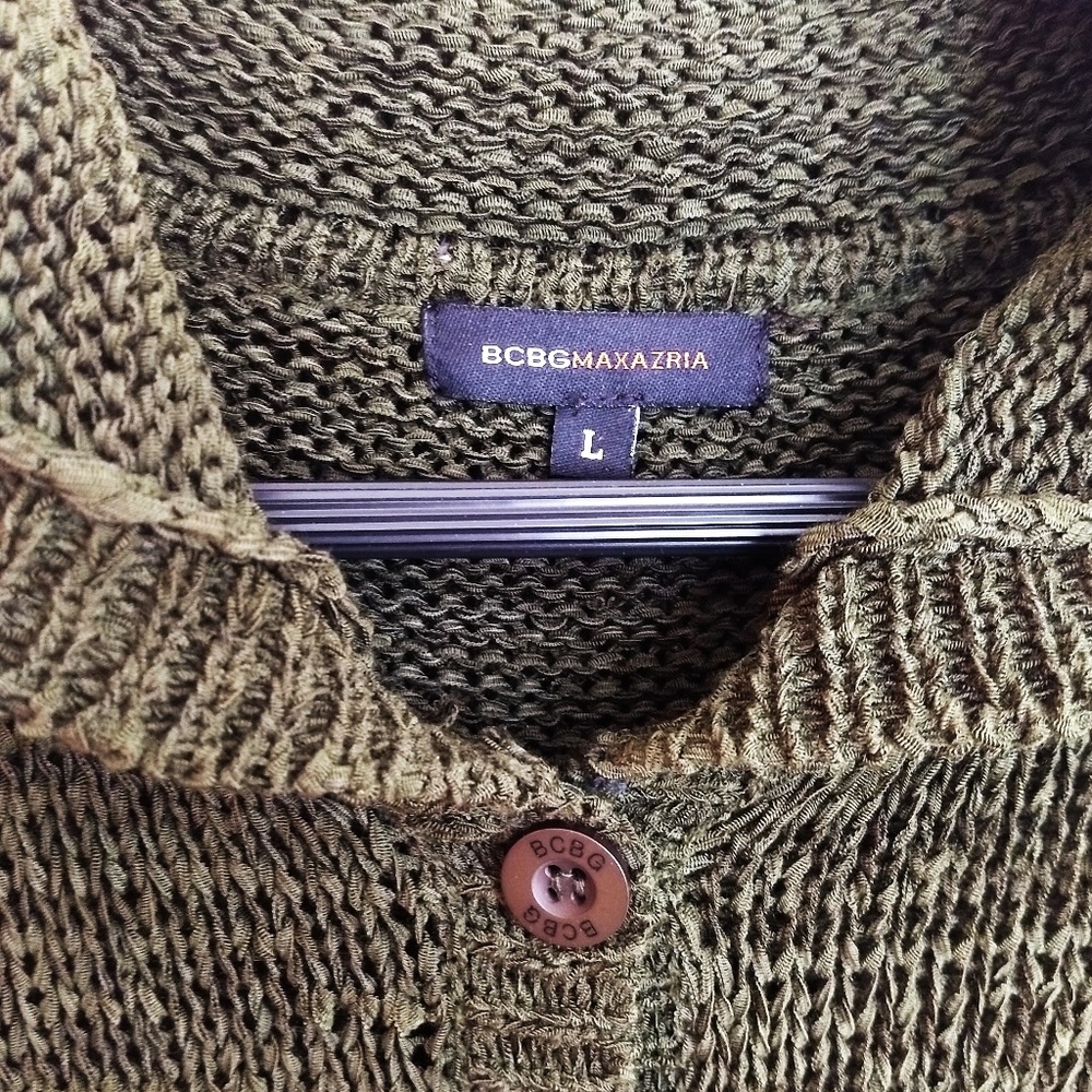 BCBG MAX AZRIA Long Olive Green Hooded Sweater L - Picture 5 of 6